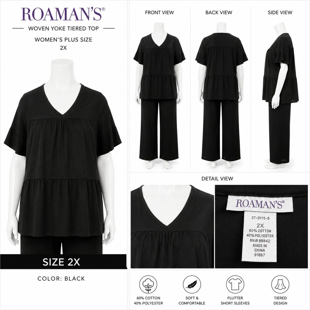 Roaman's Black Woven Yoke Tiered Tunic Top Flutter Sleeve Plus Size 2X 37-3115-5
